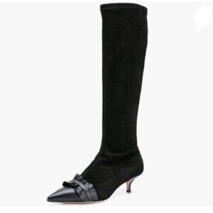 FSJ Black Knee High Long Boots Closed Toe Mid Kitten Heels Fashion Ruffles Shoes